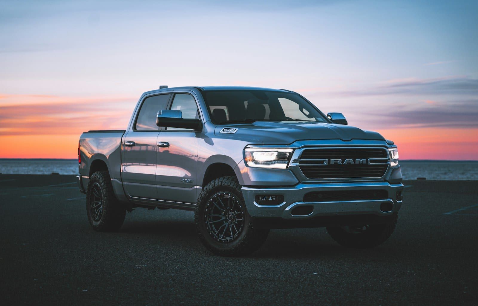 RAM pickup at sunset — typical chassis for train horn install